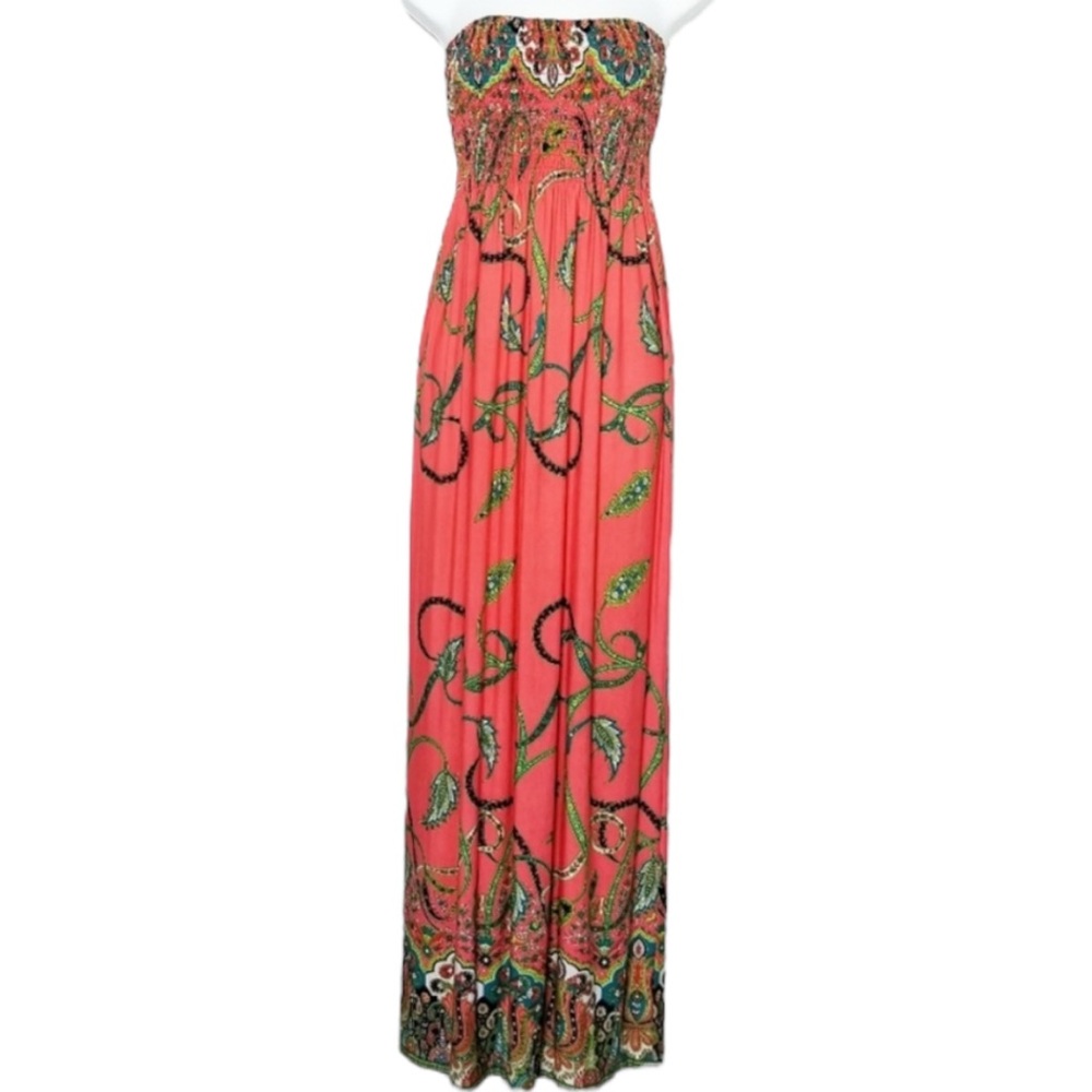 Lilypad Strapless Smocked Floral Paisley Maxi Dress Bohemian, Orange, Size Small